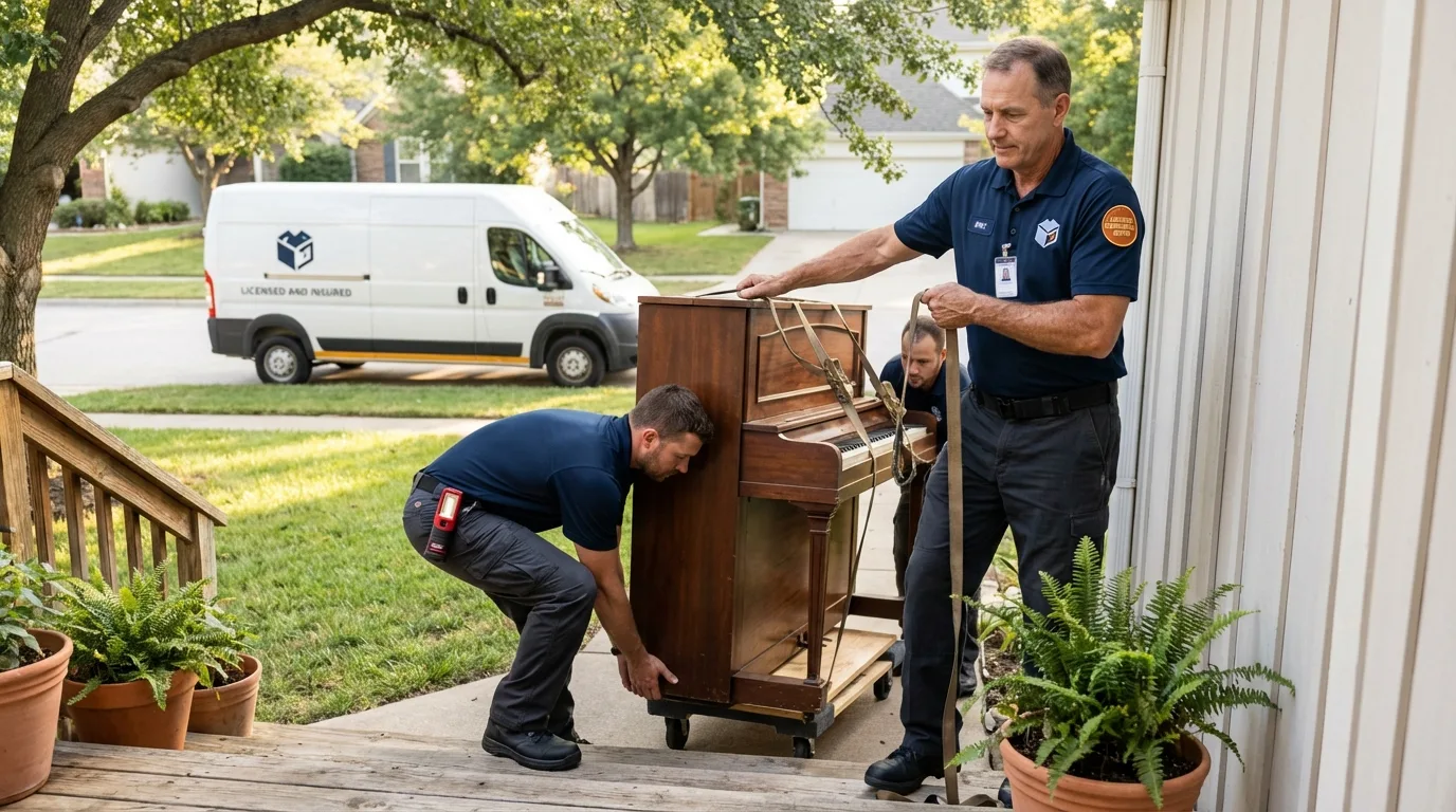 Licensed piano movers securing grand piano in Oakland, MD