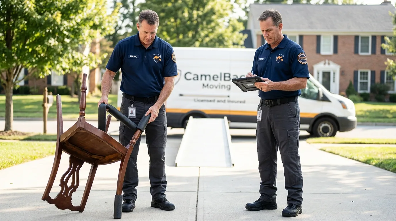 Movers inspecting furniture for damage prevention before loading in Oakland, MD